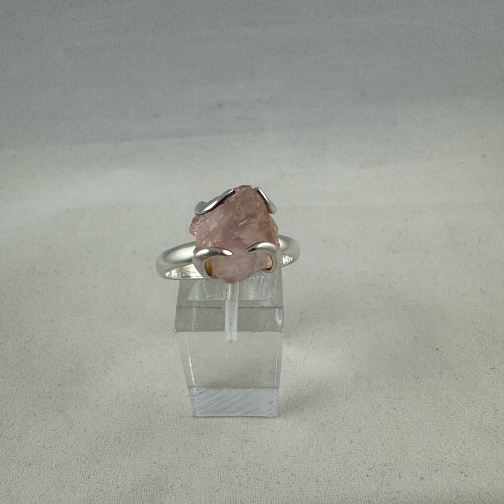 Raw rose quartz crystal set in sterling silver ring